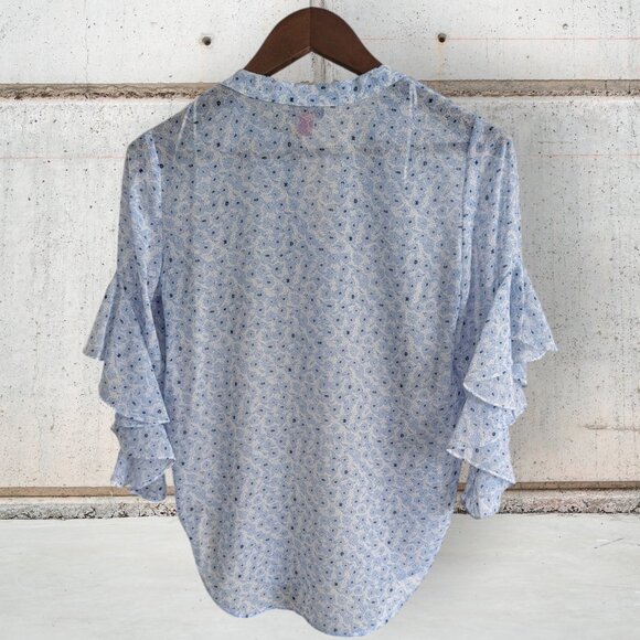 NWT Vince Camuto XXS Blue Opal V-Neck Ruffled Bell Sleeve Boho Blouse Top - Picture 2 of 5